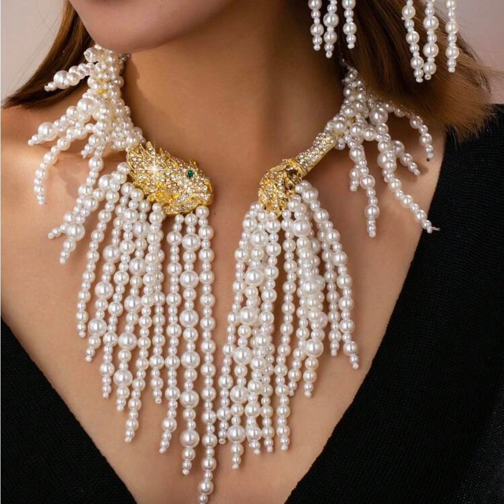 Elegant Gold and White Pearl Dragon Necklace